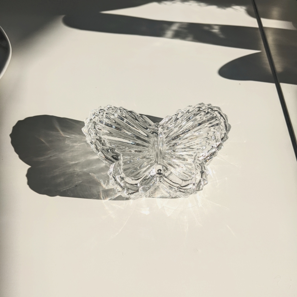 Vintage Clear Crystal Glass Butterfly Shaped Trinket Dish with Lid, Jewelry Box